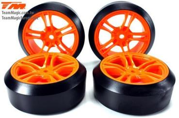 Reifen - 1/10 Drift - montiert - 5 Spoke Orange Felgen - 12mm Hex - 45° - Hard (4 Stk.)